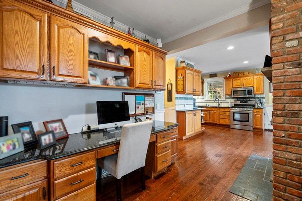 Home Office, Interior, Kitchen, Recessed Lighting, Stainless Steel Appliances, Stone Walls, Wood Texture Flooring