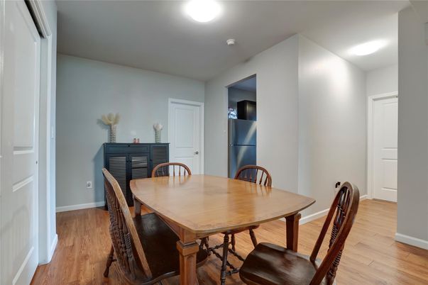Dining room, Interior, Recessed Lighting, Wood Texture Flooring