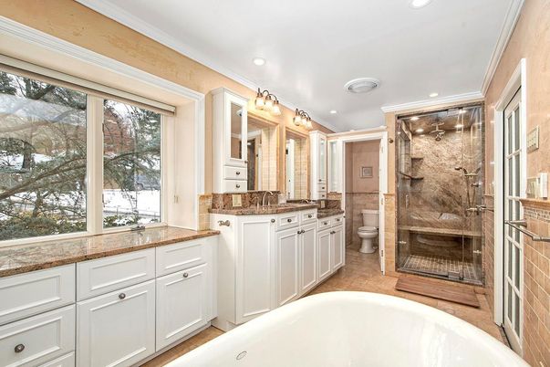 Bathroom, Dual Sink Vanities, Glass Shower, Interior, Recessed Lighting