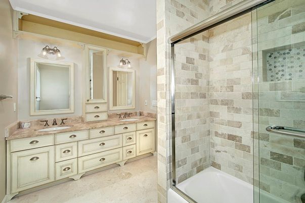 Bathroom, Dual Sink Vanities, Glass Shower, Interior, Stone Walls
