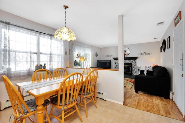 Dining room, Fireplace, Interior, Living room, Pendant Lights, Wood Texture Flooring