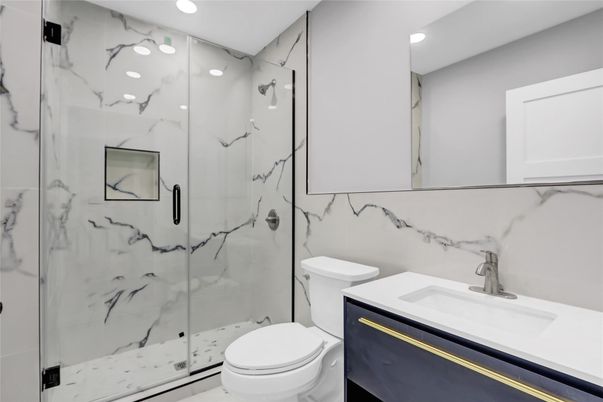 Bathroom, Glass Shower, Interior, Marble Walls, Recessed Lighting