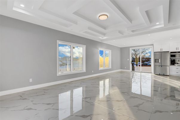 Empty room, Interior, Kitchen, Marble, Recessed Lighting, Stainless Steel Appliances