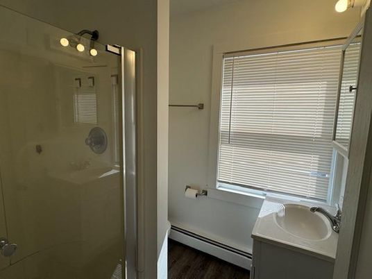 Bathroom, Glass Shower, Interior, Wood Texture Flooring
