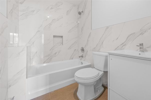 Bathroom, Interior, Marble Walls, Wood Texture Flooring