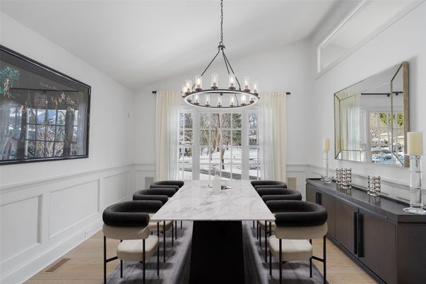 Chandelier, Dining room, Interior, Pendant Lights, Wood Texture Flooring