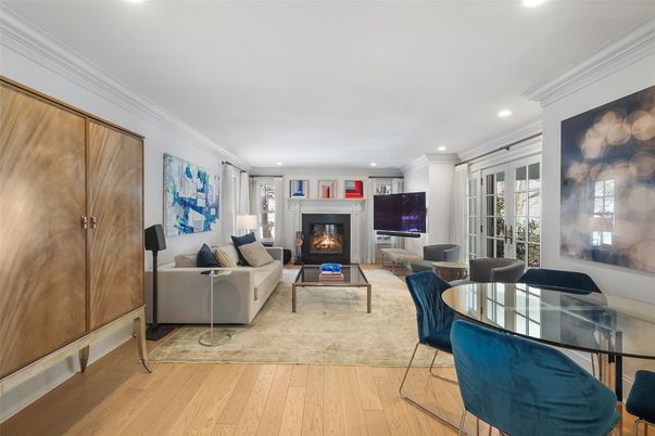 Dining room, Fireplace, Interior, Living room, Recessed Lighting, Wood Texture Flooring