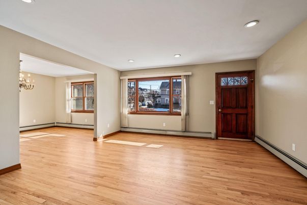 Chandelier, Empty room, Interior, Recessed Lighting, Wood Texture Flooring