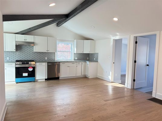 Interior, Kitchen, Recessed Lighting, Stainless Steel Appliances, Wooden Beams, Wood Texture Flooring