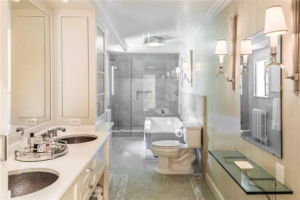 Bathroom, Dual Sink Vanities, Glass Shower, Interior, Marble Walls