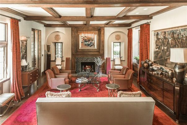 Fireplace, Interior, Living room, Recessed Lighting, Wooden Beams