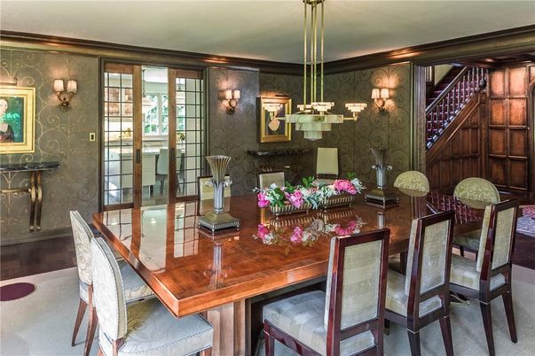Chandelier, Dining room, Fireplace, Interior