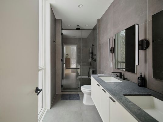 Bathroom, Dual Sink Vanities, Glass Shower, Interior, Recessed Lighting