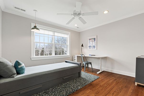 Bedroom, Home Office, Interior, Pendant Lights, Recessed Lighting, Wood Texture Flooring