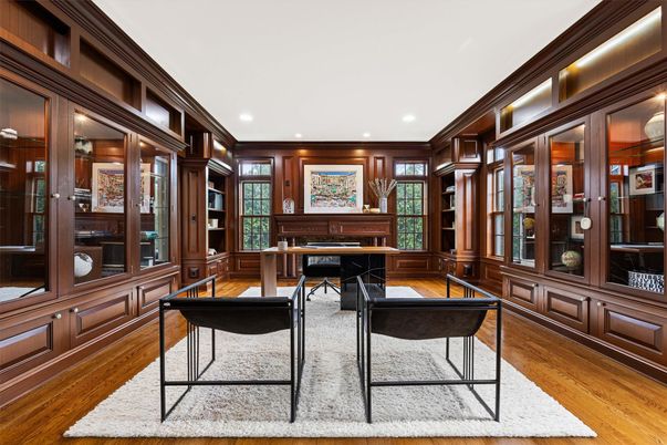 Home Office, Interior, Recessed Lighting, Wood Texture Flooring, Wooden Walls