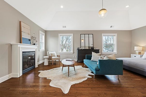 Bedroom, Fireplace, Interior, Living room, Pendant Lights, Recessed Lighting, Wood Texture Flooring