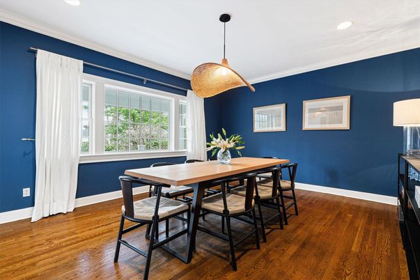 Dining room, Interior, Pendant Lights, Recessed Lighting, Wood Texture Flooring