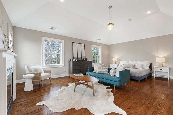 Bedroom, Fireplace, Interior, Living room, Pendant Lights, Recessed Lighting, Wood Texture Flooring