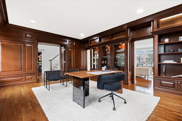 Home Office, Interior, Recessed Lighting, Wood Texture Flooring, Wooden Walls
