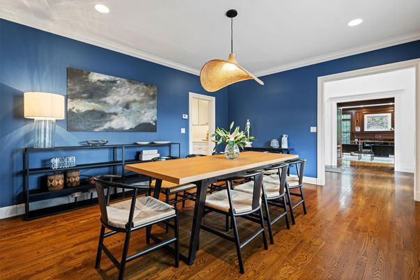 Dining room, Interior, Pendant Lights, Recessed Lighting, Wood Texture Flooring