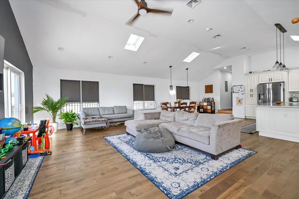 Dining room, Interior, Kitchen, Living room, Pendant Lights, Recessed Lighting, Stainless Steel Appliances, Wood Texture Flooring