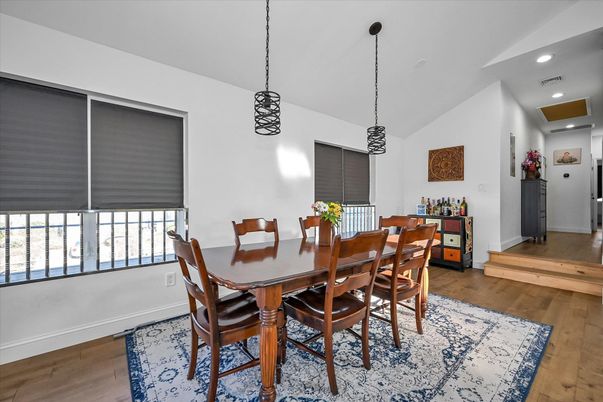 Dining room, Interior, Pendant Lights, Recessed Lighting, Wood Texture Flooring