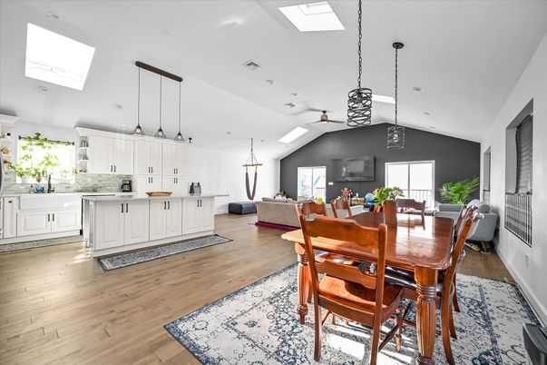 Dining room, Interior, Kitchen, Living room, Pendant Lights, Recessed Lighting, Wood Texture Flooring