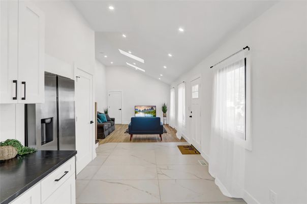 Interior, Kitchen, Marble, Recessed Lighting, Stainless Steel Appliances, Wood Texture Flooring