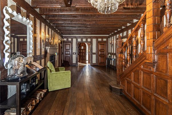 Chandelier, Fireplace, Interior, Wooden Beams, Wood Texture Flooring