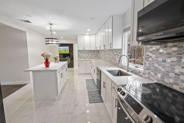 Interior, Kitchen, Marble, Pendant Lights, Recessed Lighting, Stainless Steel Appliances