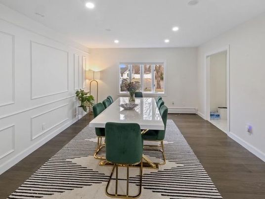 Dining room, Interior, Recessed Lighting, Wood Texture Flooring