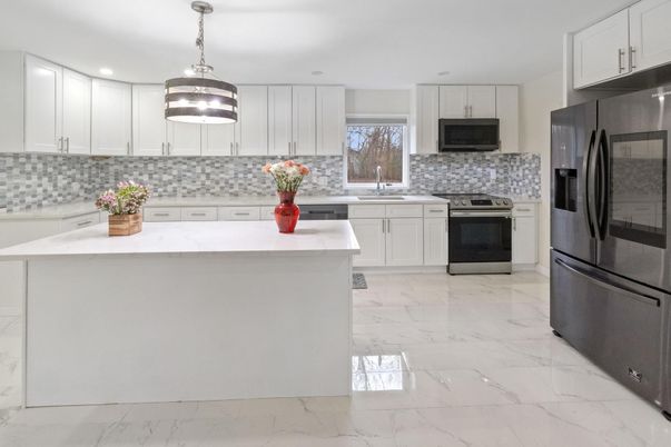 Interior, Kitchen, Marble, Pendant Lights, Recessed Lighting, Stainless Steel Appliances