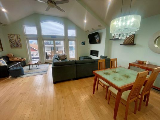Dining room, Interior, Living room, Pendant Lights, Recessed Lighting, Wood Texture Flooring