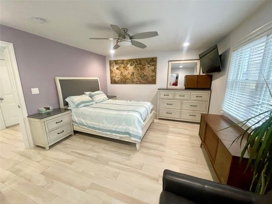 Bedroom, Interior, Recessed Lighting, Wood Texture Flooring