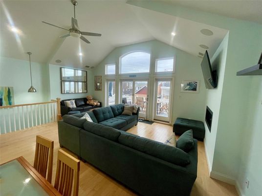 Fireplace, Interior, Living room, Pendant Lights, Recessed Lighting, Wood Texture Flooring