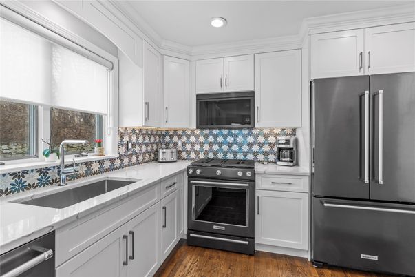 Interior, Kitchen, Recessed Lighting, Stainless Steel Appliances, Wood Texture Flooring