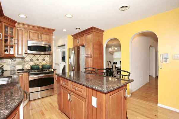 Chandelier, Interior, Kitchen, Recessed Lighting, Stainless Steel Appliances, Wood Texture Flooring