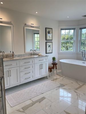 Bathroom, Dual Sink Vanities, Free Standing Baths, Interior, Marble, Recessed Lighting