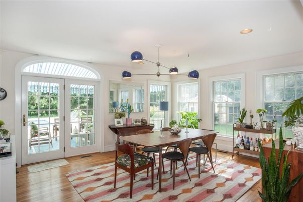 Dining room, Interior, Pendant Lights, Recessed Lighting, Wood Texture Flooring