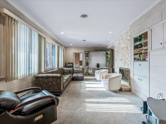 Fireplace, Interior, Living room, Recessed Lighting, Stone Walls