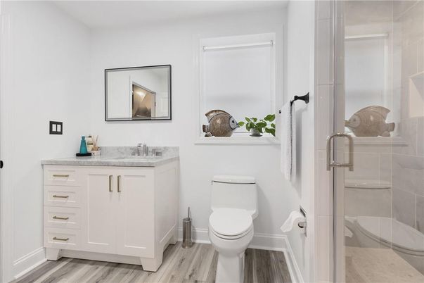 Bathroom, Glass Shower, Interior, Wood Texture Flooring