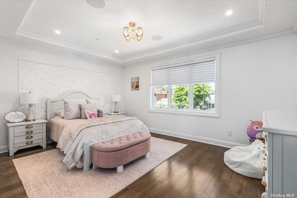 Bedroom, Chandelier, Interior, Recessed Lighting, Wood Texture Flooring