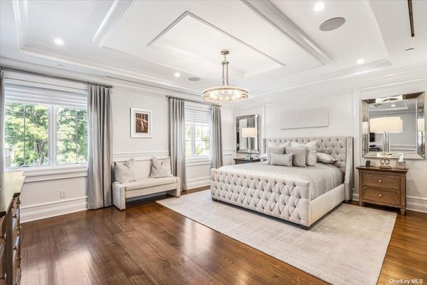 Bedroom, Chandelier, Interior, Recessed Lighting, Wood Texture Flooring