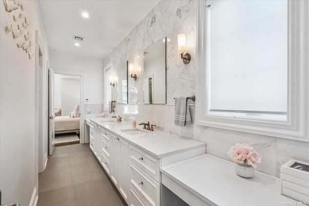 Bathroom, Bedroom, Dual Sink Vanities, Interior, Marble Walls, Recessed Lighting