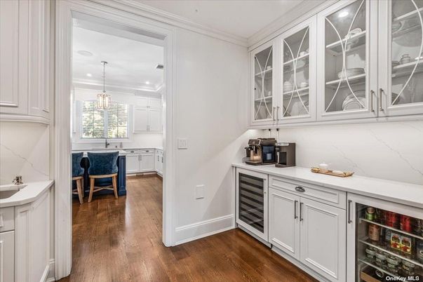 Interior, Kitchen, Marble Walls, Pendant Lights, Recessed Lighting, Wood Texture Flooring