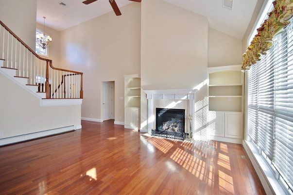 Empty room, Fireplace, Interior, Pendant Lights, Wood Texture Flooring
