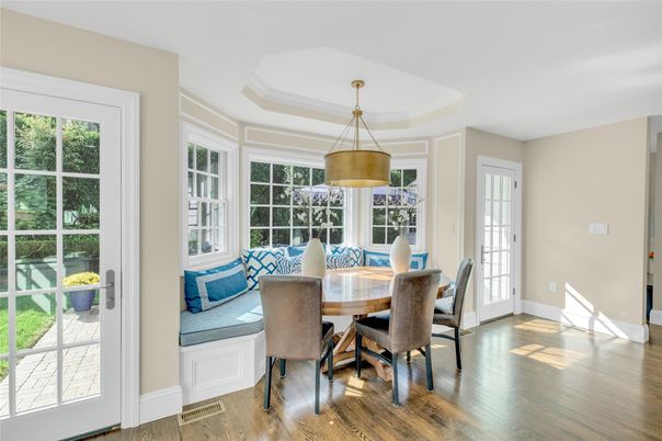 Dining room, Interior, Pendant Lights, Wood Texture Flooring