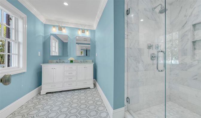 Bathroom, Glass Shower, Interior, Marble Walls, Recessed Lighting