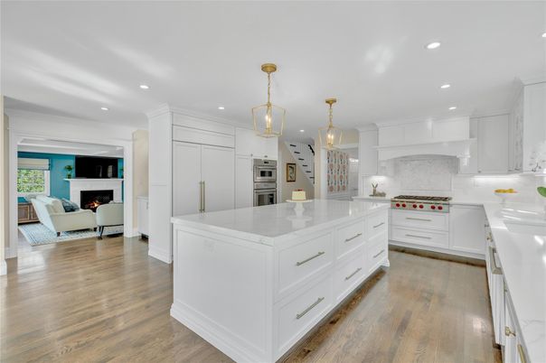 Fireplace, Interior, Kitchen, Living room, Pendant Lights, Recessed Lighting, Stainless Steel Appliances, Wood Texture Flooring