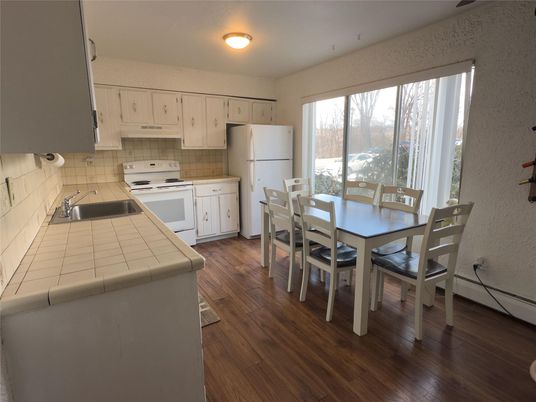 Dining room, Interior, Kitchen, Tile Countertops, Wood Texture Flooring